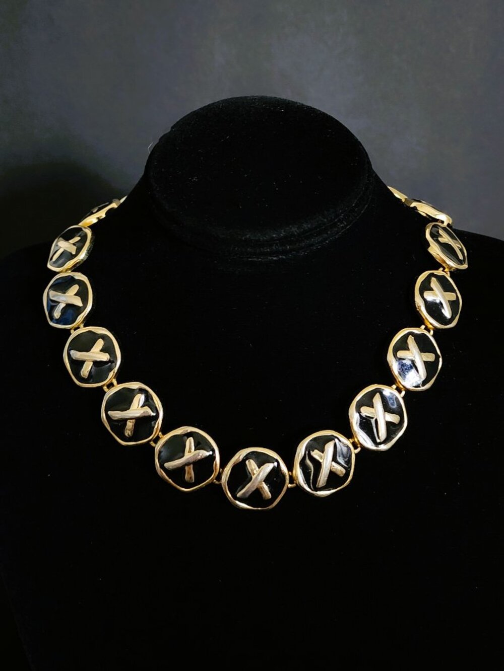 Vintage 80s Boutique Black Enamel & Gold "X" Statement Collar Necklace